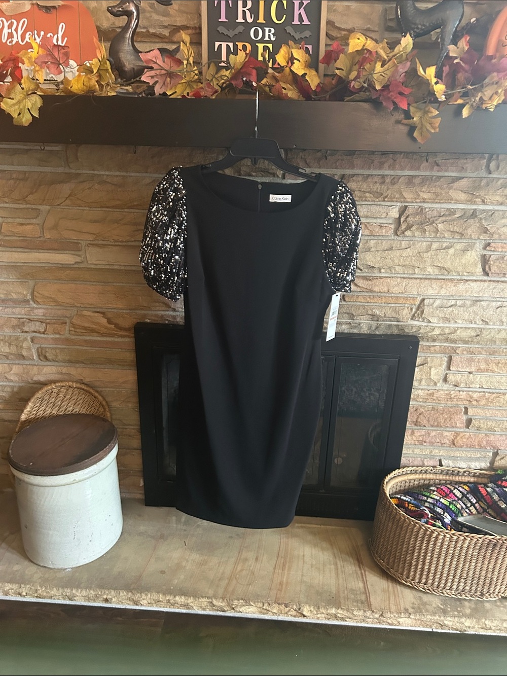 Calvin Klein Black Midi Dress with Sequin Puff Sleeves